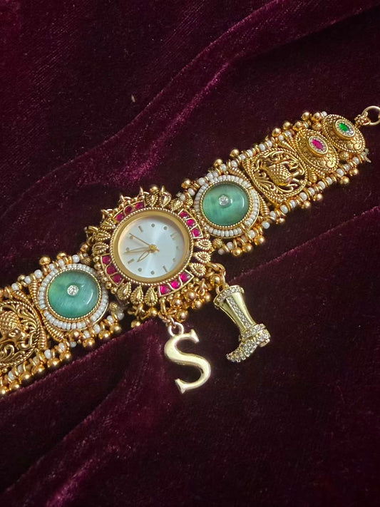 Mint Green Elephant Maharani Heritage Watch Rakhi in Premium Swarovski (Free Initial)