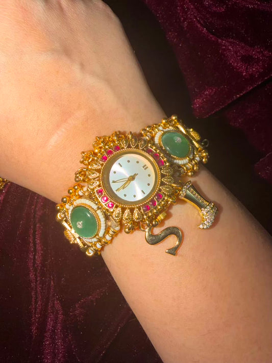 Mint Green Elephant Maharani Heritage Watch Rakhi in Premium Swarovski (Free Initial)