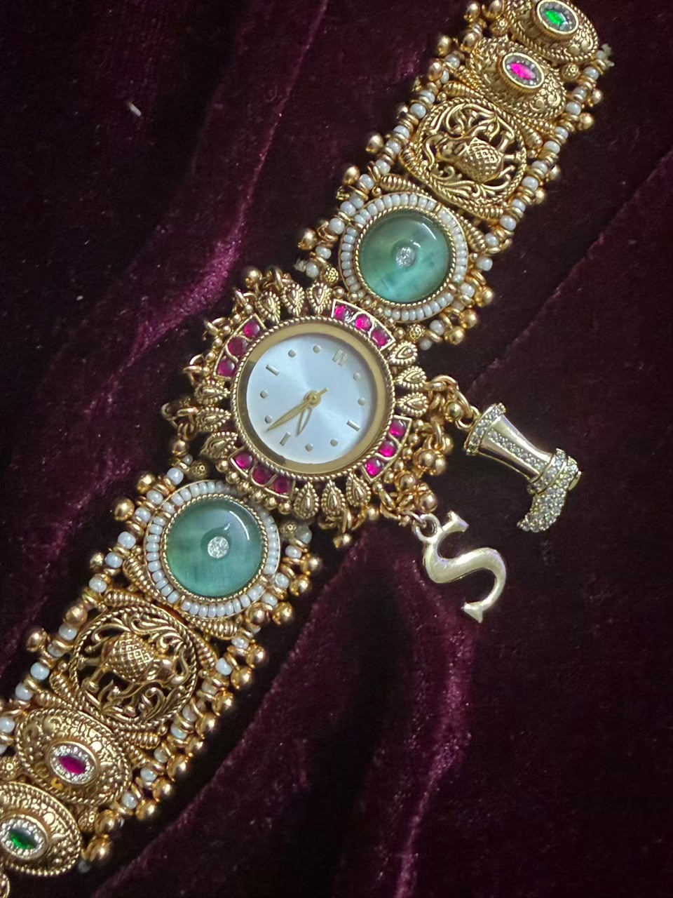 Mint Green Elephant Maharani Heritage Watch Rakhi in Premium Swarovski (Free Initial)