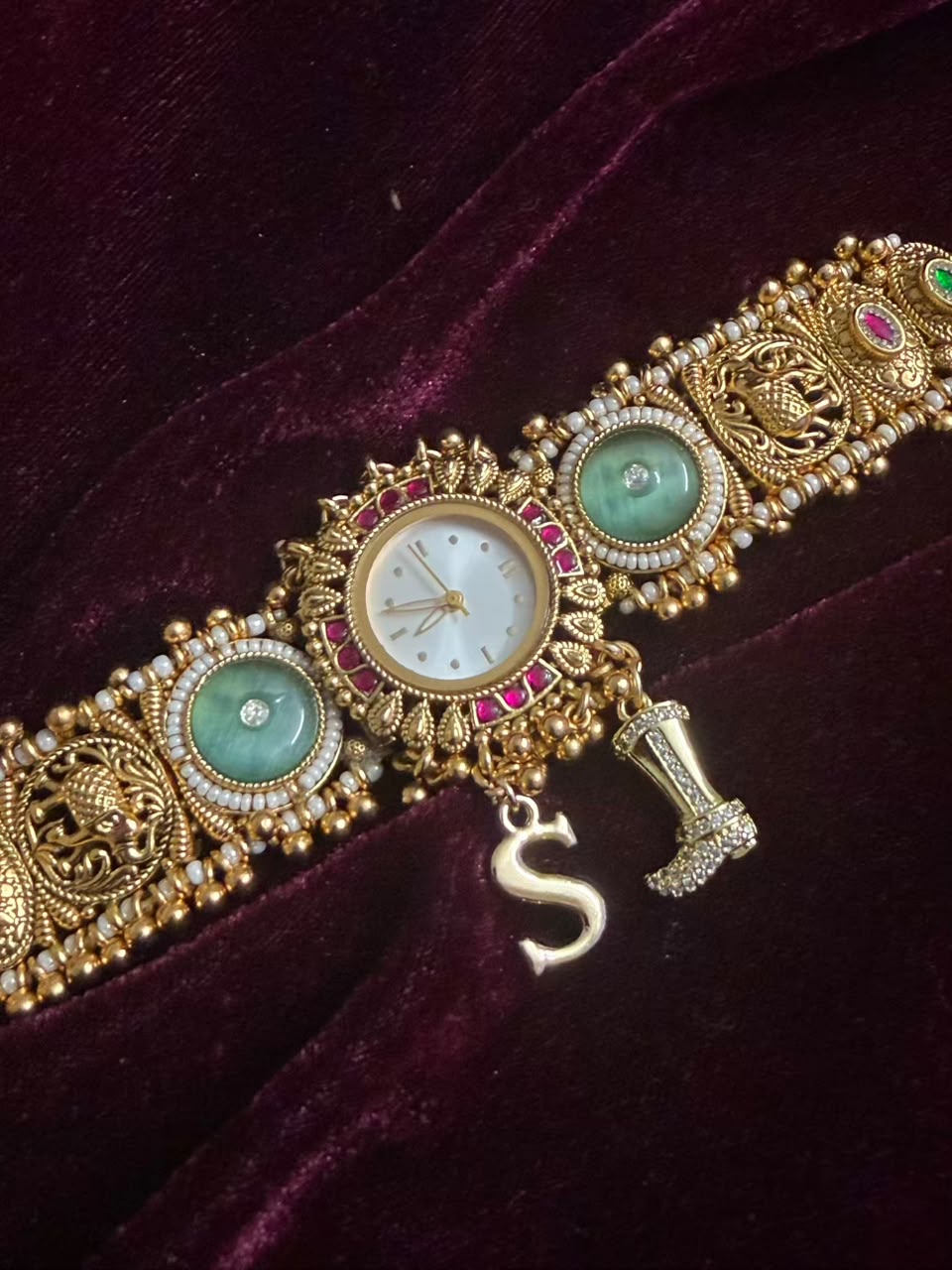 Mint Green Elephant Maharani Heritage Watch Rakhi in Premium Swarovski (Free Initial)
