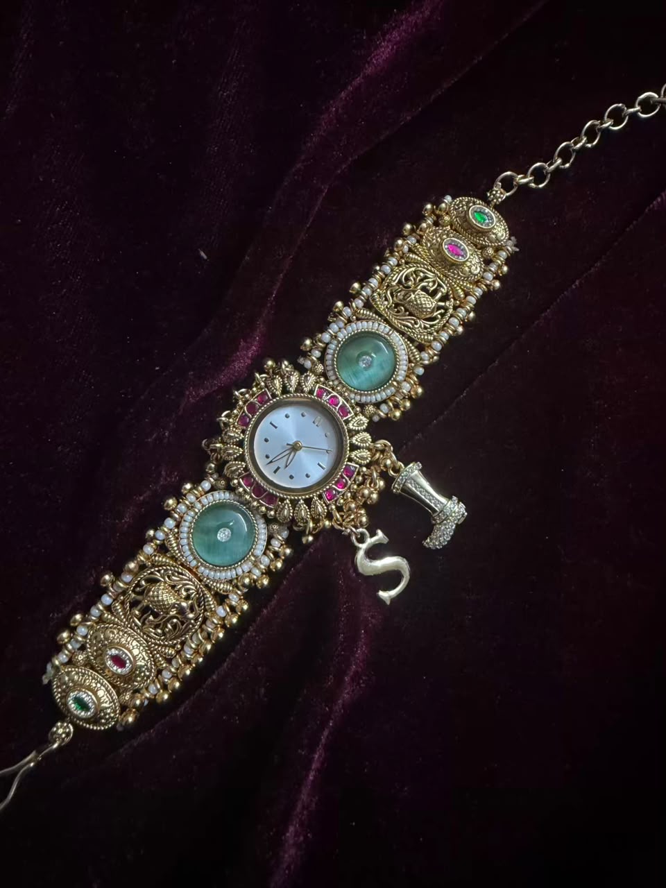 Mint Green Elephant Maharani Heritage Watch Rakhi in Premium Swarovski (Free Initial)