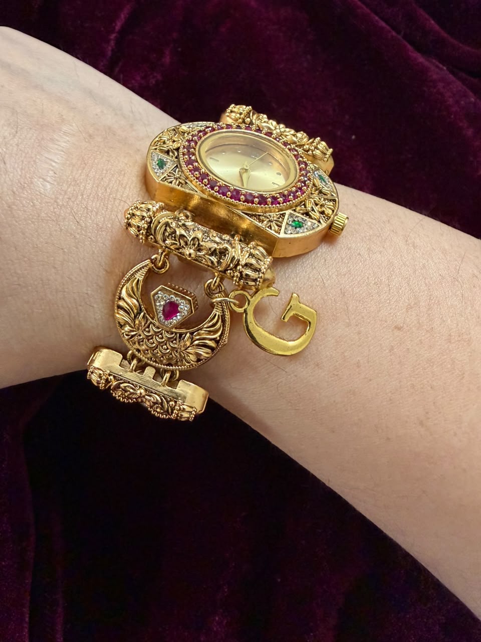 Ruby Geometric Maharani Heritage Watch Rakhi in Premium Swarovski (Free Initial)