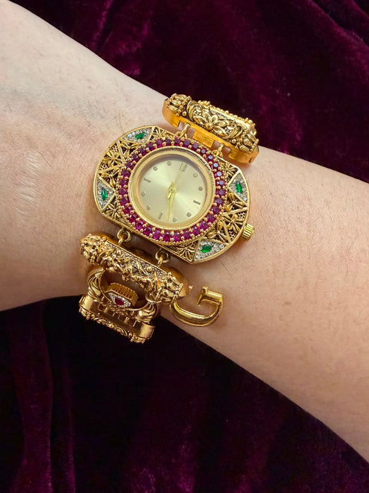 Ruby Geometric Maharani Heritage Watch Rakhi in Premium Swarovski (Free Initial)