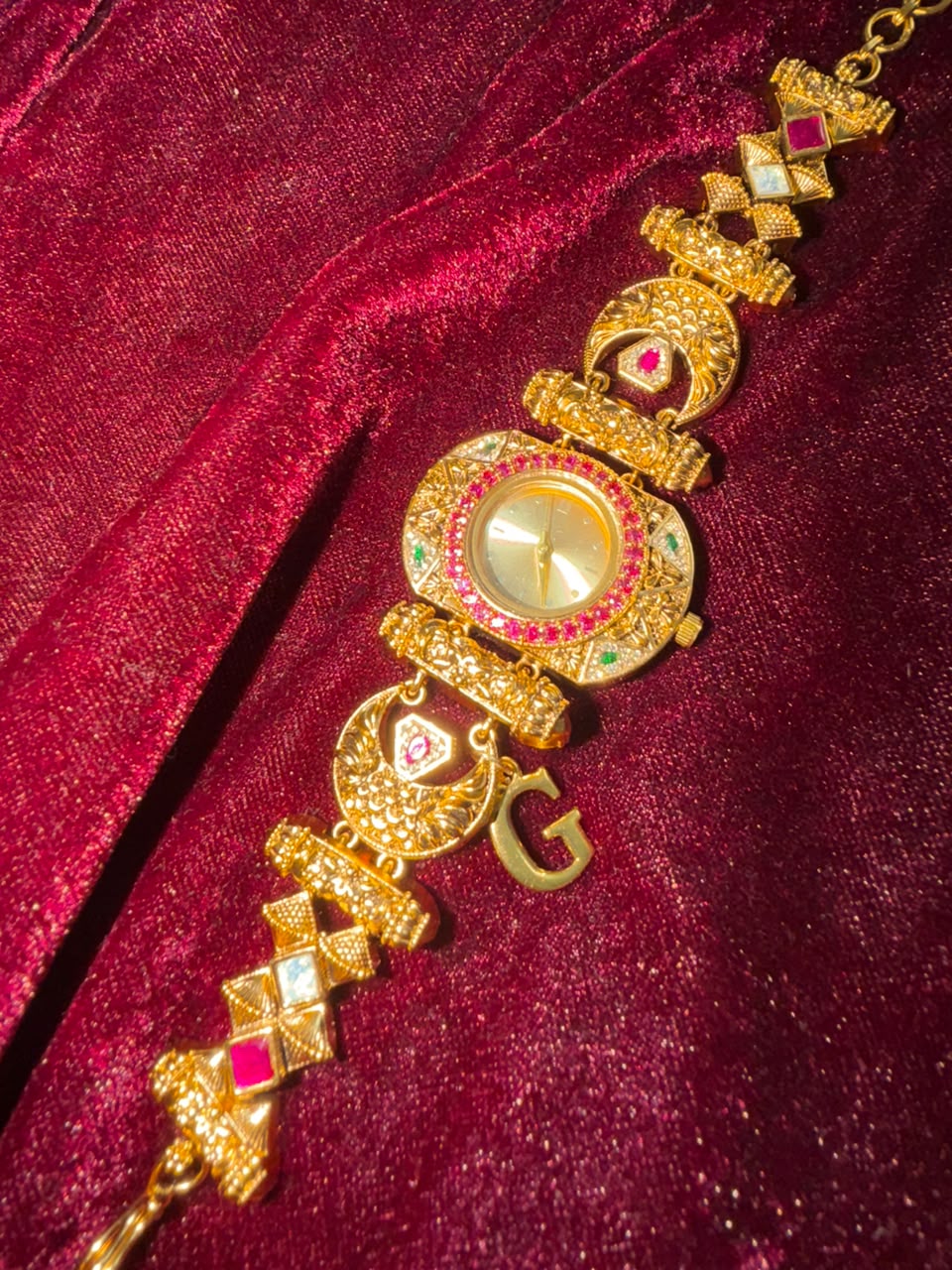 Ruby Geometric Maharani Heritage Watch Rakhi in Premium Swarovski (Free Initial)