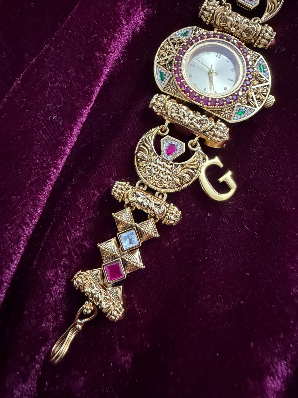 Ruby Geometric Maharani Heritage Watch Rakhi in Premium Swarovski (Free Initial)
