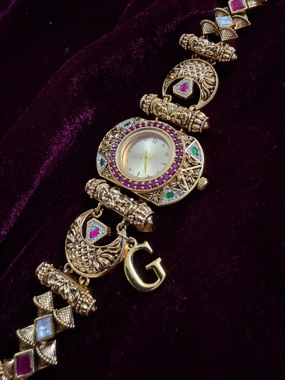 Ruby Geometric Maharani Heritage Watch Rakhi in Premium Swarovski (Free Initial)