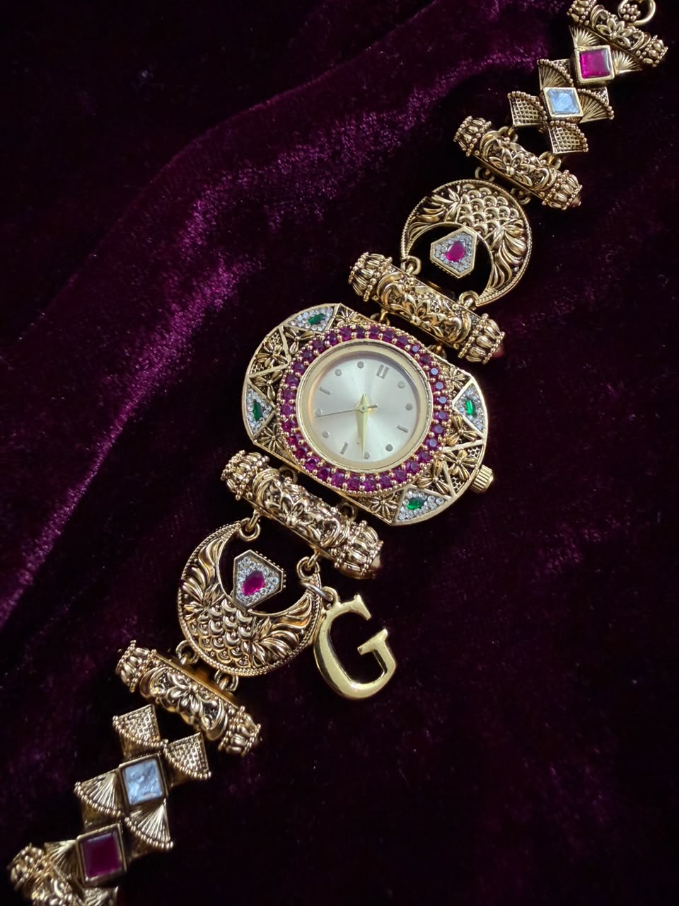 Ruby Geometric Maharani Heritage Watch Rakhi in Premium Swarovski (Free Initial)