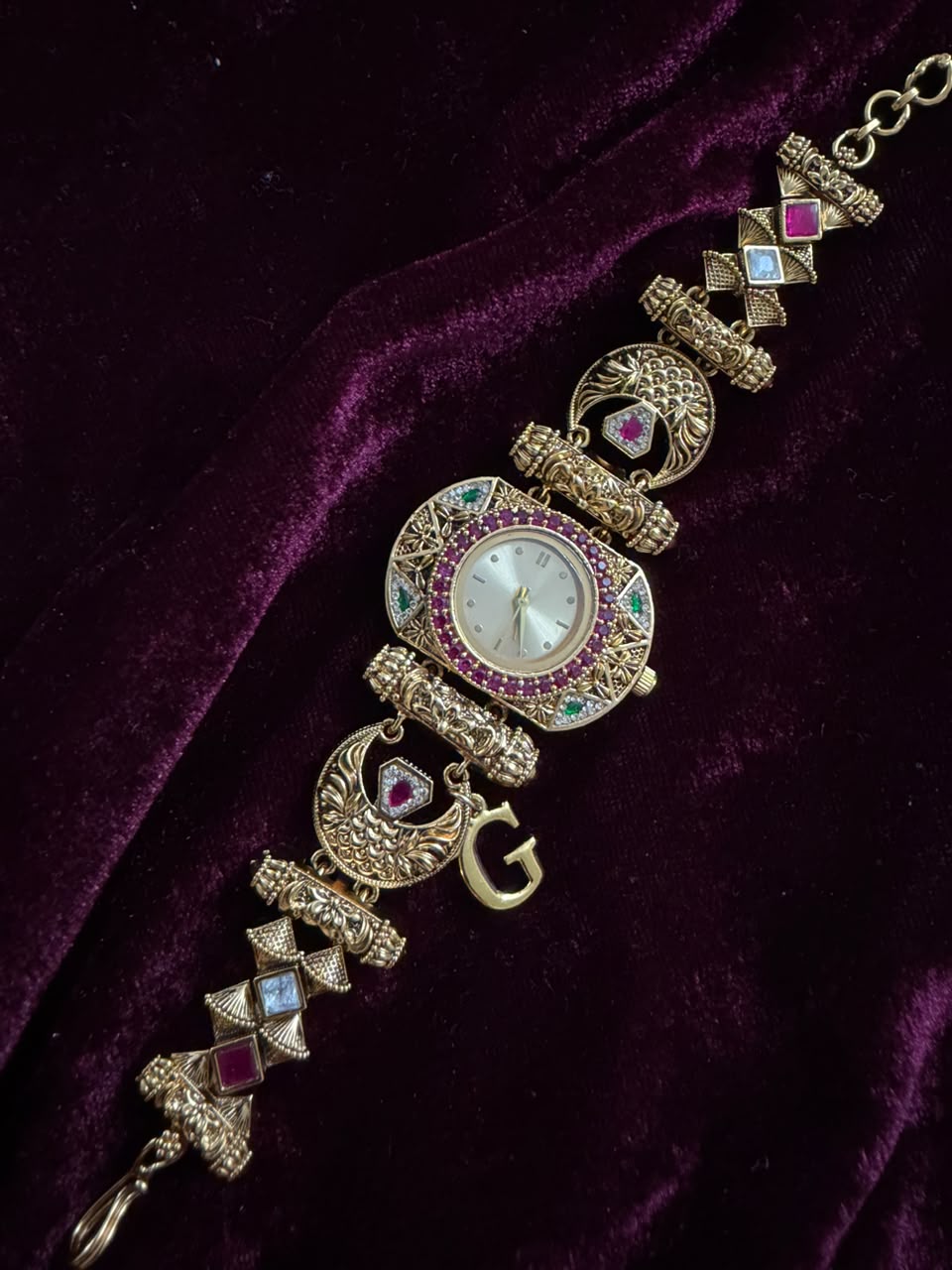 Ruby Geometric Maharani Heritage Watch Rakhi in Premium Swarovski (Free Initial)