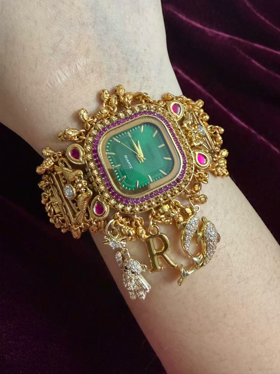 Gulnaar Emerald Heritage Watch Rakhi in Premium Swarovski (Free Initial)