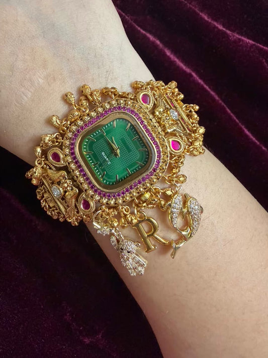 Gulnaar Emerald Heritage Watch Rakhi in Premium Swarovski (Free Initial)