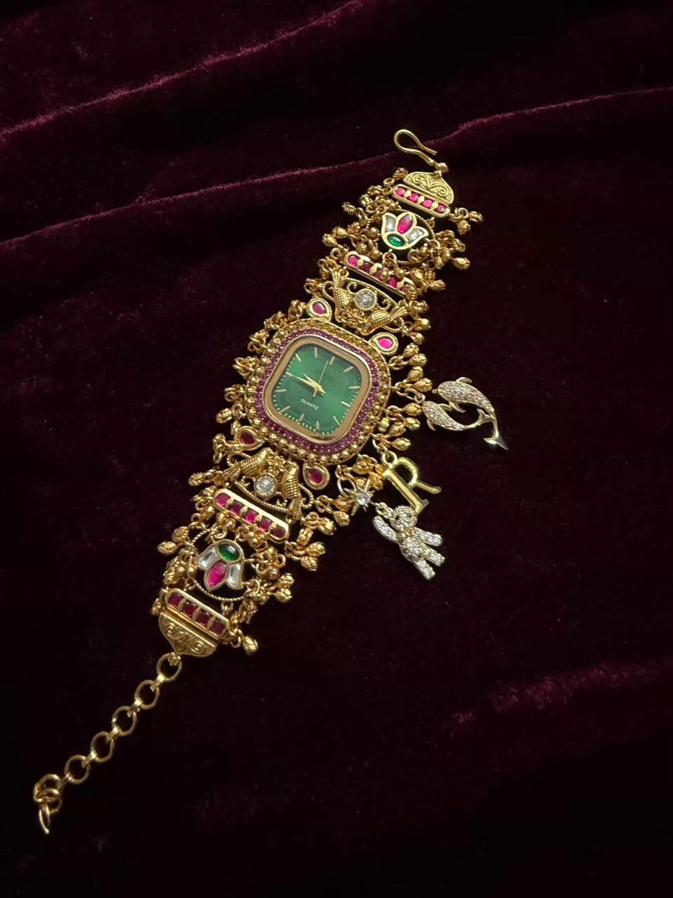 Gulnaar Emerald Heritage Watch Rakhi in Premium Swarovski (Free Initial)