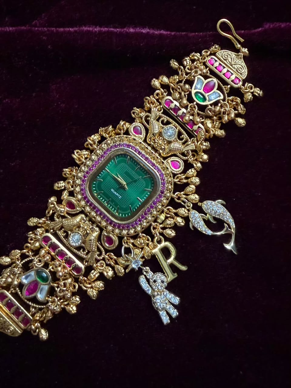 Gulnaar Emerald Heritage Watch Rakhi in Premium Swarovski (Free Initial)