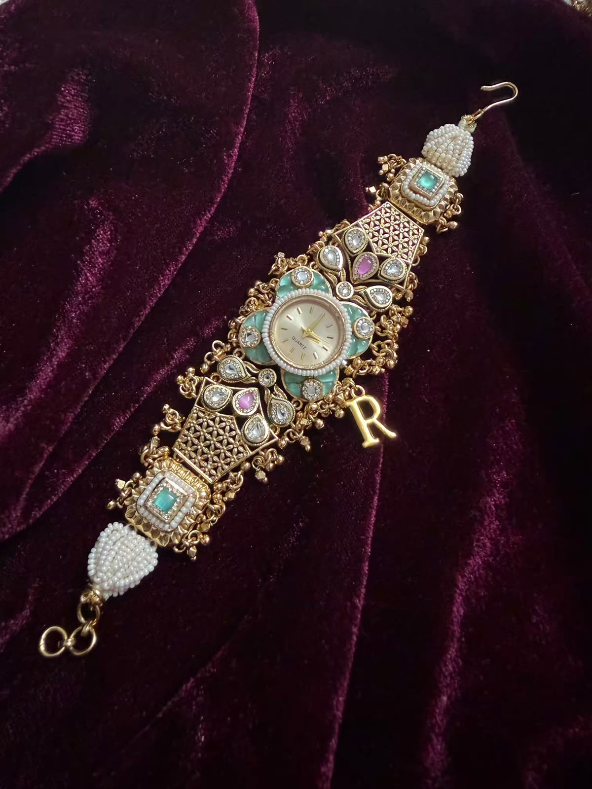 Pearl Panna Heritage Watch Rakhi in Premium Swarovski (Free Initial)