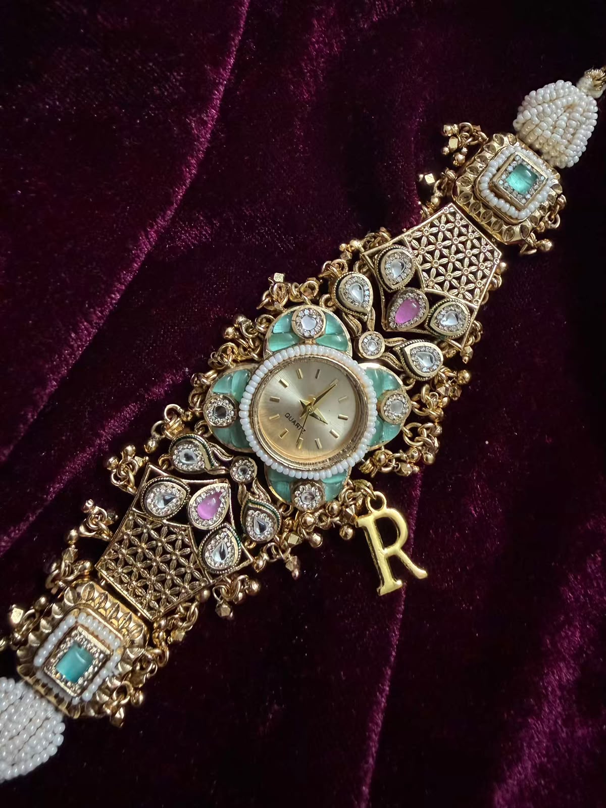 Pearl Panna Heritage Watch Rakhi in Premium Swarovski (Free Initial)