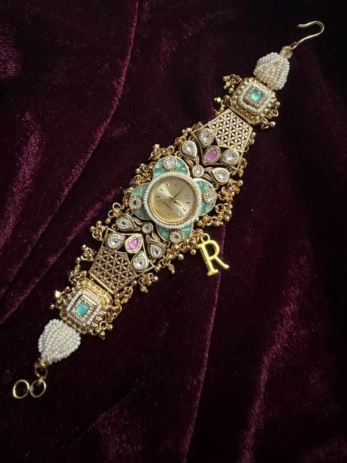 Pearl Panna Heritage Watch Rakhi in Premium Swarovski (Free Initial)