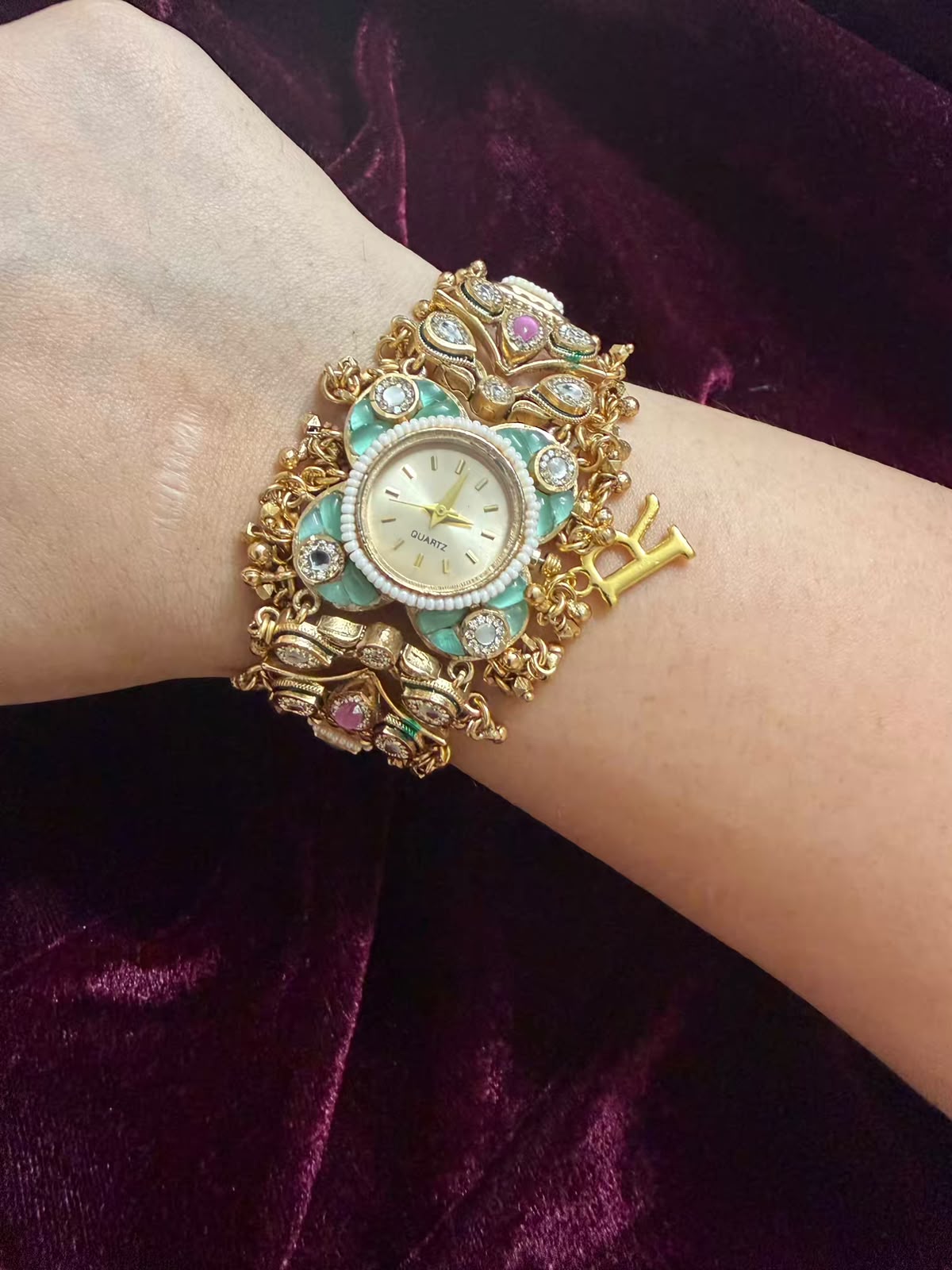 Pearl Panna Heritage Watch Rakhi in Premium Swarovski (Free Initial)