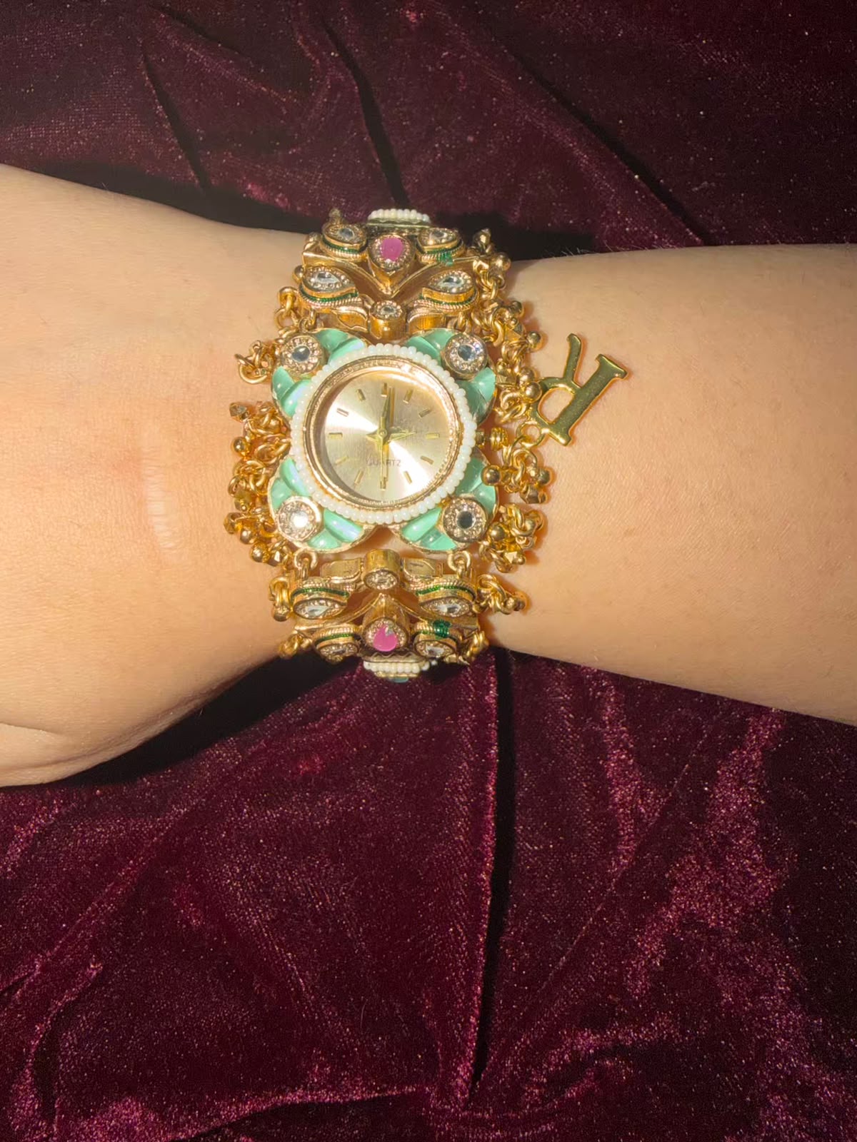 Pearl Panna Heritage Watch Rakhi in Premium Swarovski (Free Initial)