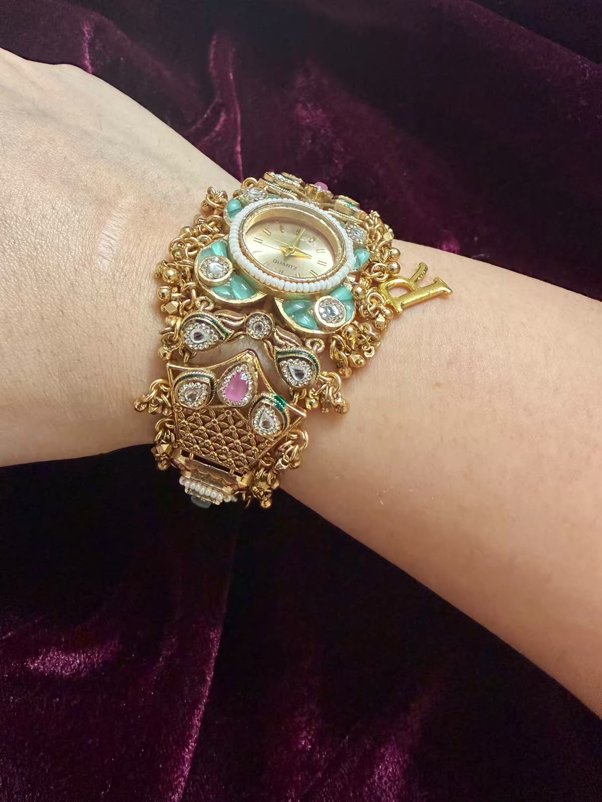 Pearl Panna Heritage Watch Rakhi in Premium Swarovski (Free Initial)