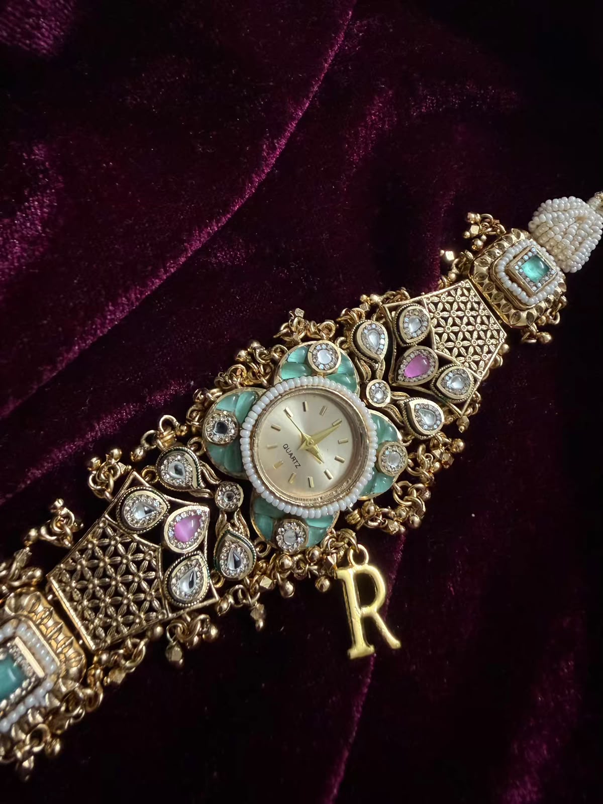 Pearl Panna Heritage Watch Rakhi in Premium Swarovski (Free Initial)