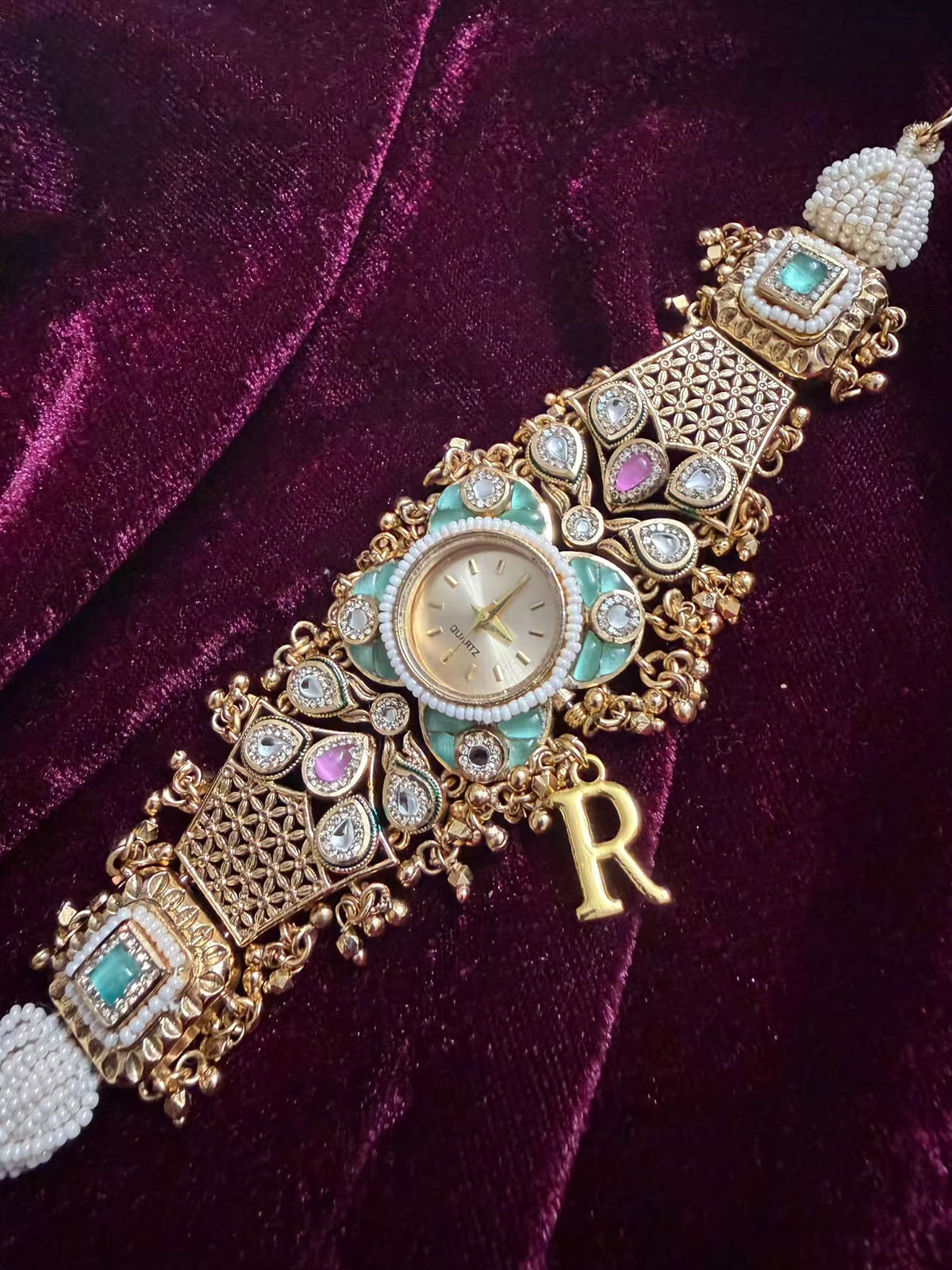 Pearl Panna Heritage Watch Rakhi in Premium Swarovski (Free Initial)