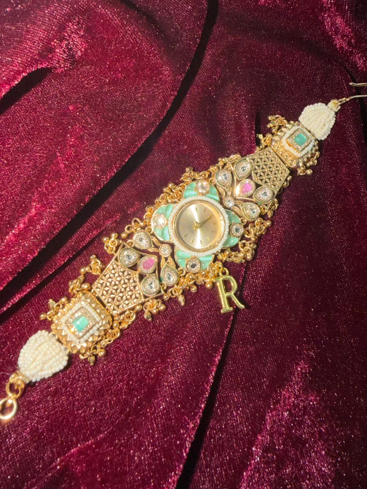 Pearl Panna Heritage Watch Rakhi in Premium Swarovski (Free Initial)