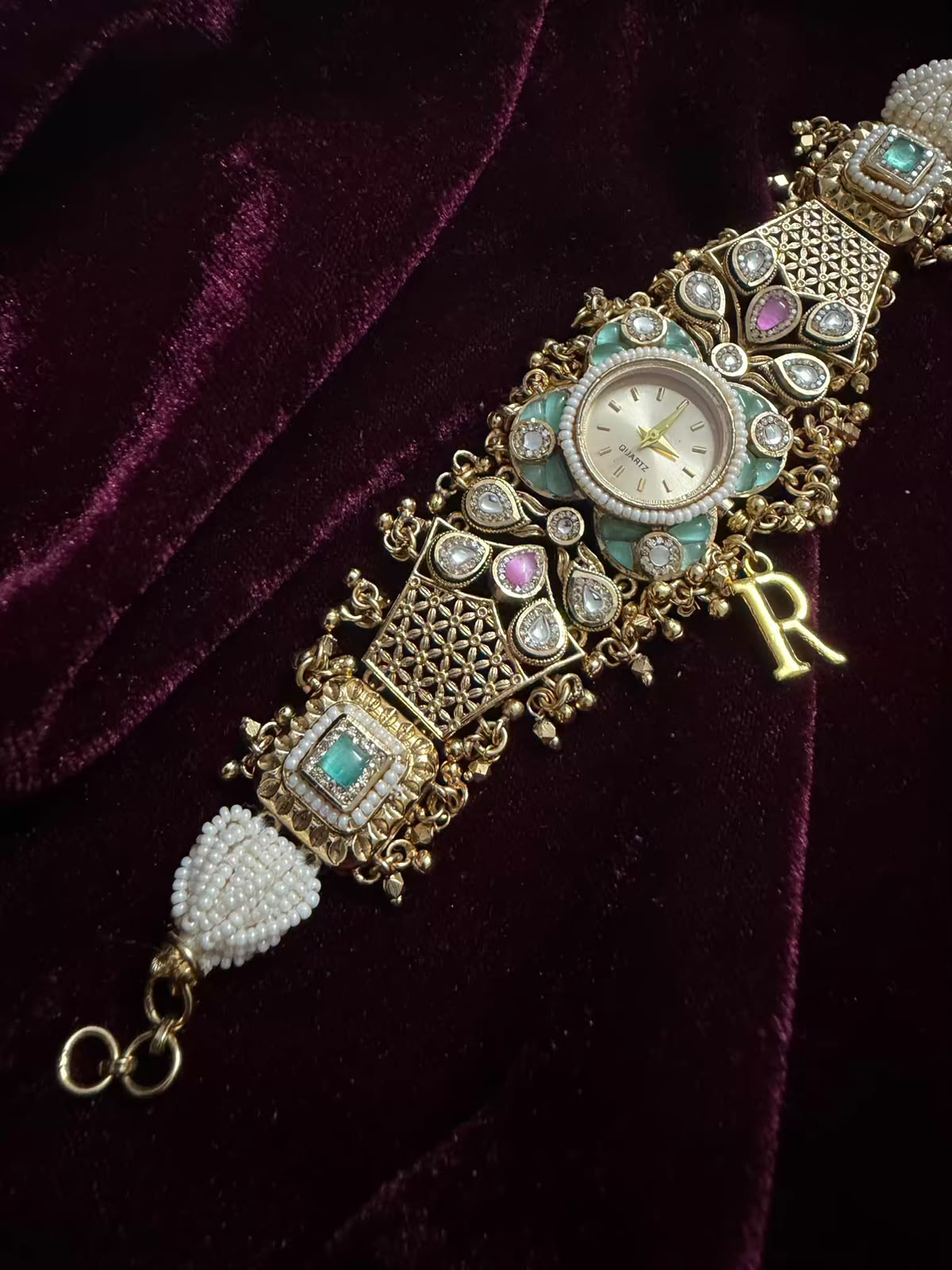 Pearl Panna Heritage Watch Rakhi in Premium Swarovski (Free Initial)