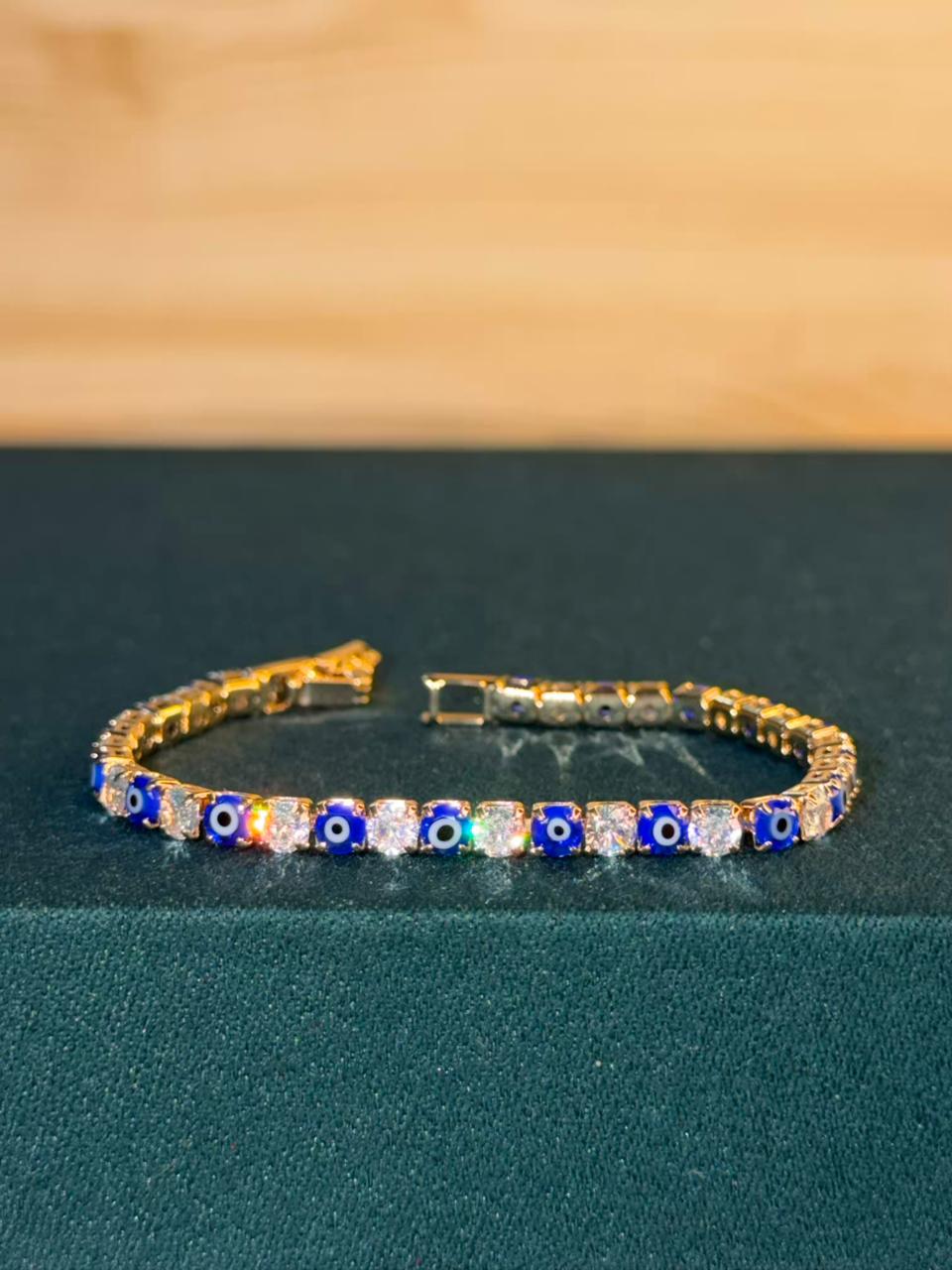 Blue Evil Eye Shining Solitaire Diamonds Tennis Bracelet - Gold Colour