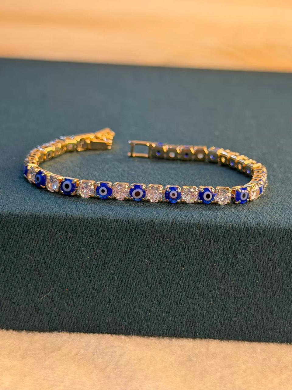 Blue Evil Eye Shining Solitaire Diamonds Tennis Bracelet - Gold Colour