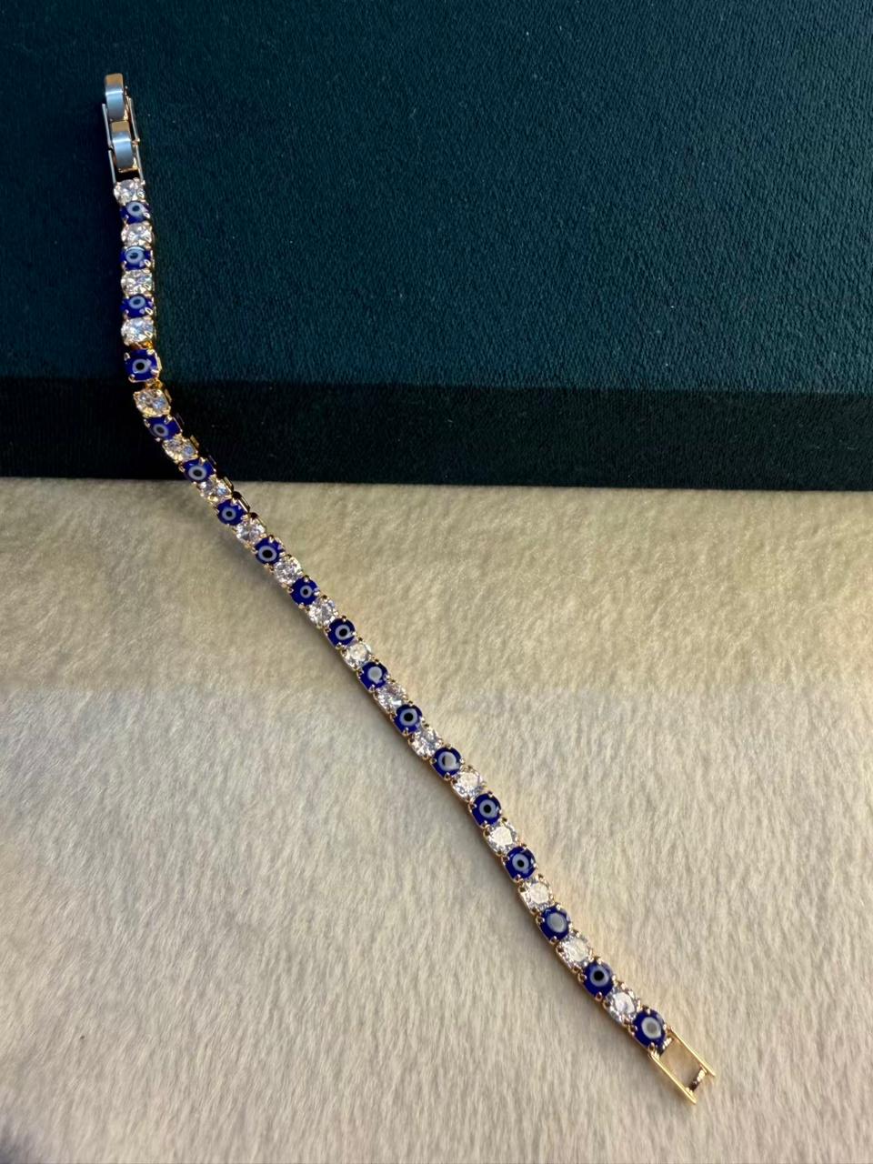 Blue Evil Eye Shining Solitaire Diamonds Tennis Bracelet - Gold Colour