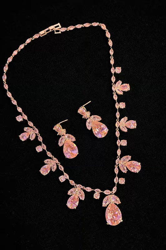 Pink Floral Rhodium Plated Necklace Set with Earrings