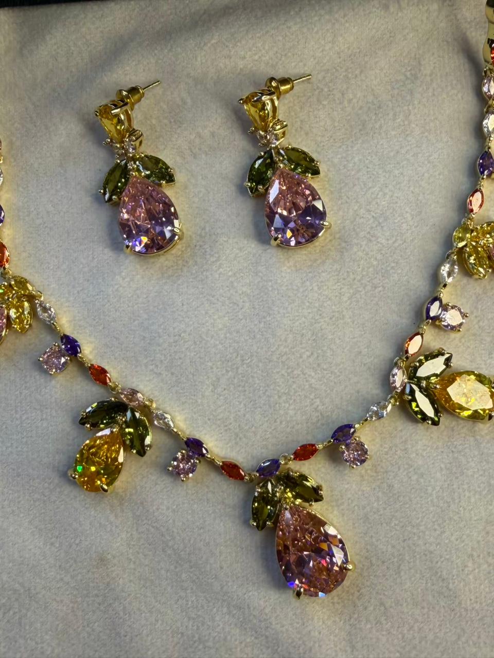 Multicoloured Floral Rhodium Plated Necklace Set with Earrings