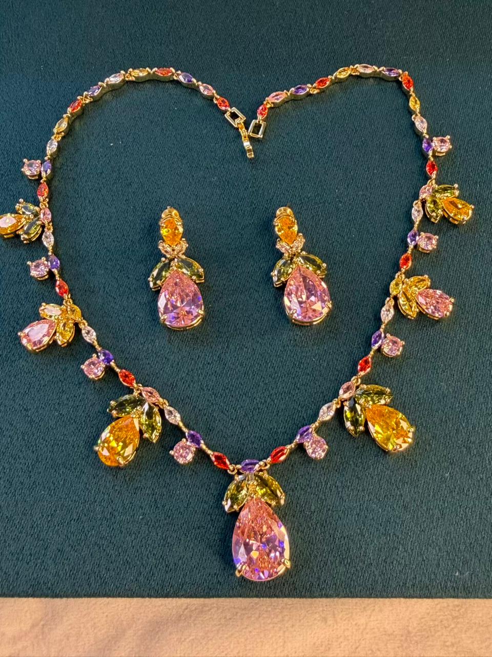 Multicoloured Floral Rhodium Plated Necklace Set with Earrings