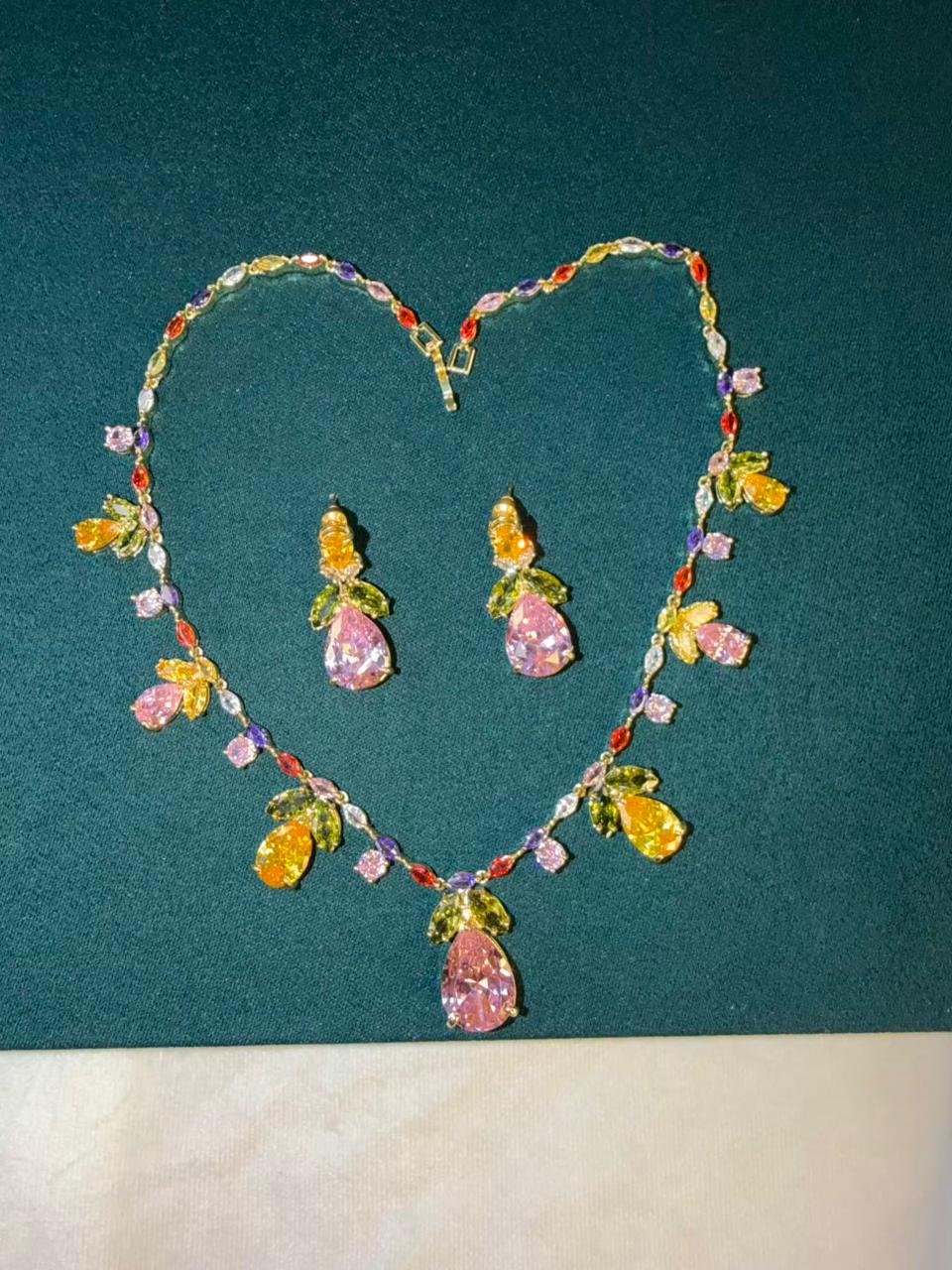 Multicoloured Floral Rhodium Plated Necklace Set with Earrings