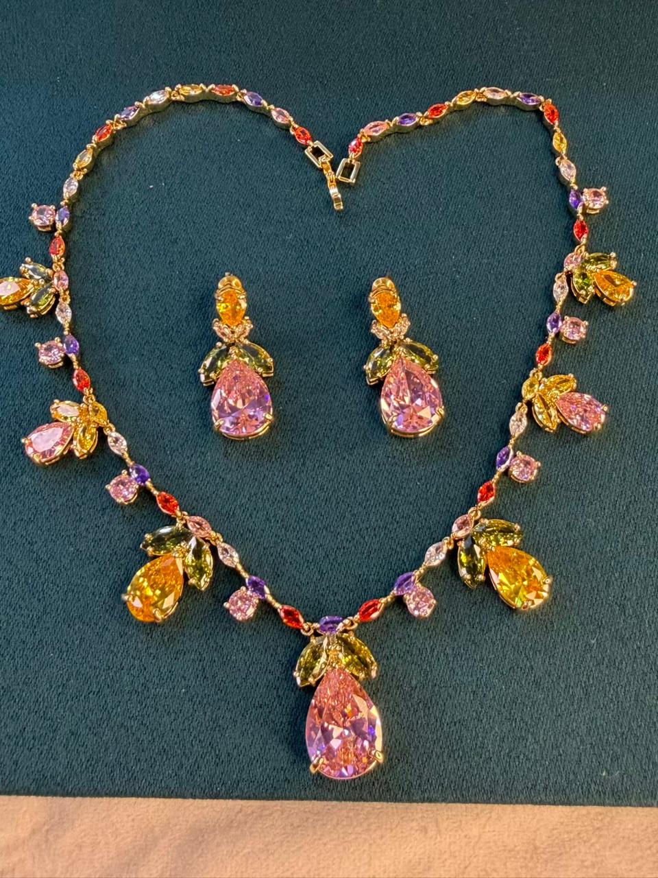 Multicoloured Floral Rhodium Plated Necklace Set with Earrings