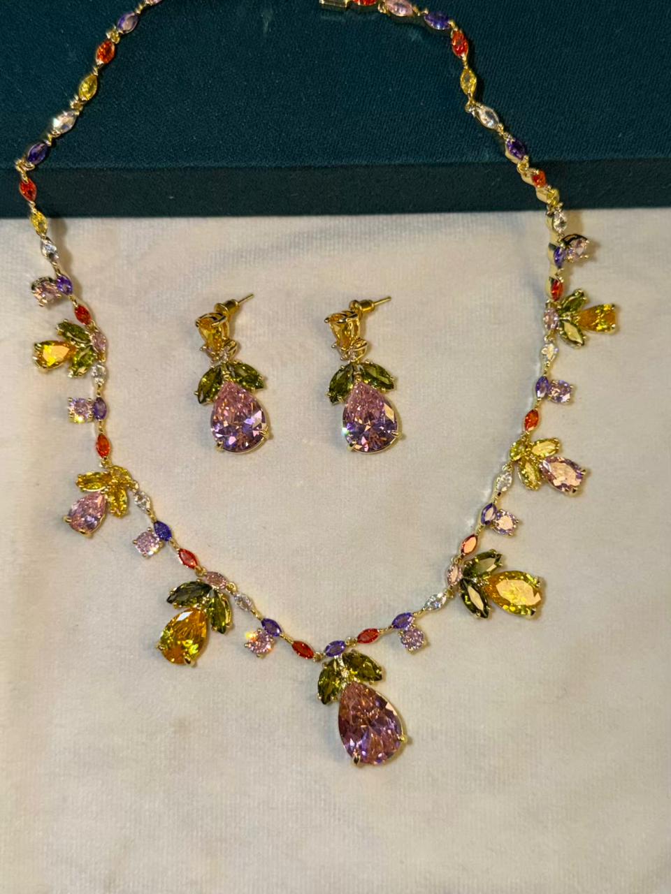 Multicoloured Floral Rhodium Plated Necklace Set with Earrings