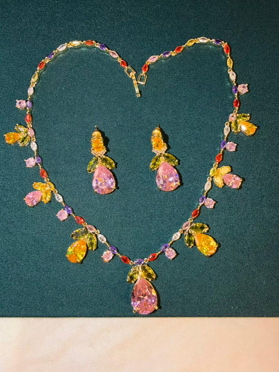 Multicoloured Floral Rhodium Plated Necklace Set with Earrings