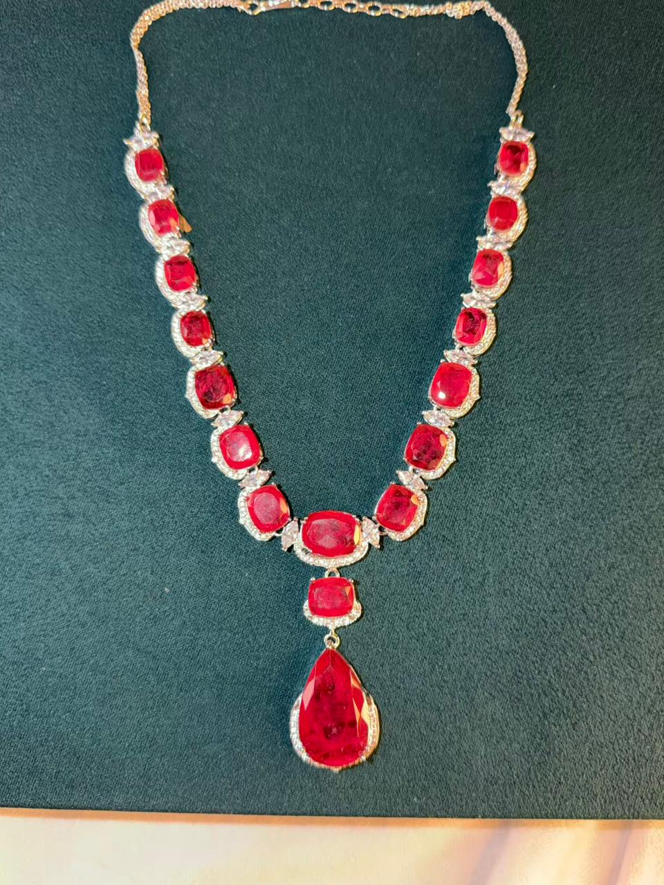 Ruby Red Luxury Studded Necklace and Studs Sets in Rhodium Silver Plating