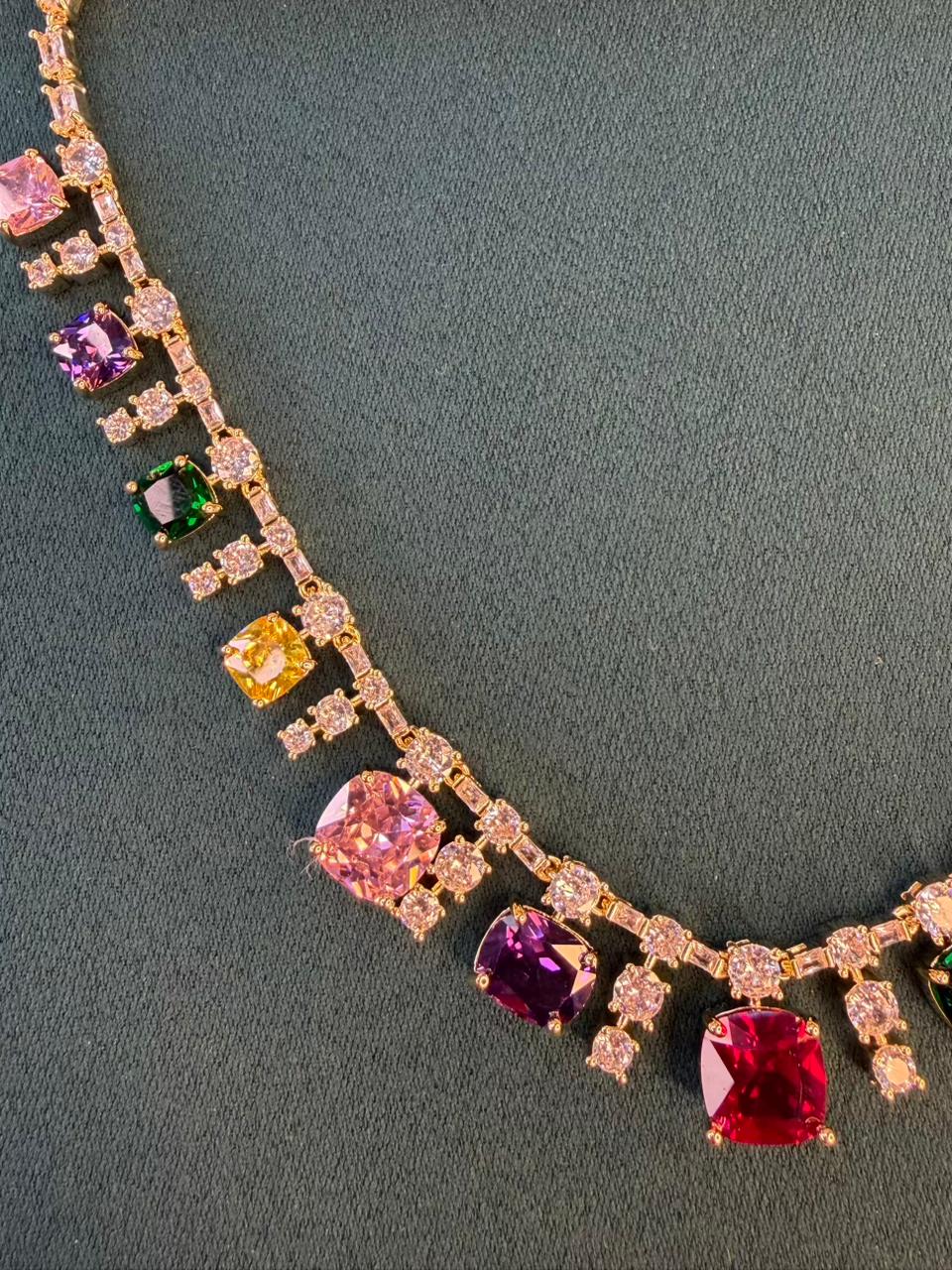 Multicoloured Stone Rhodium Plated Necklace Set with Earrings