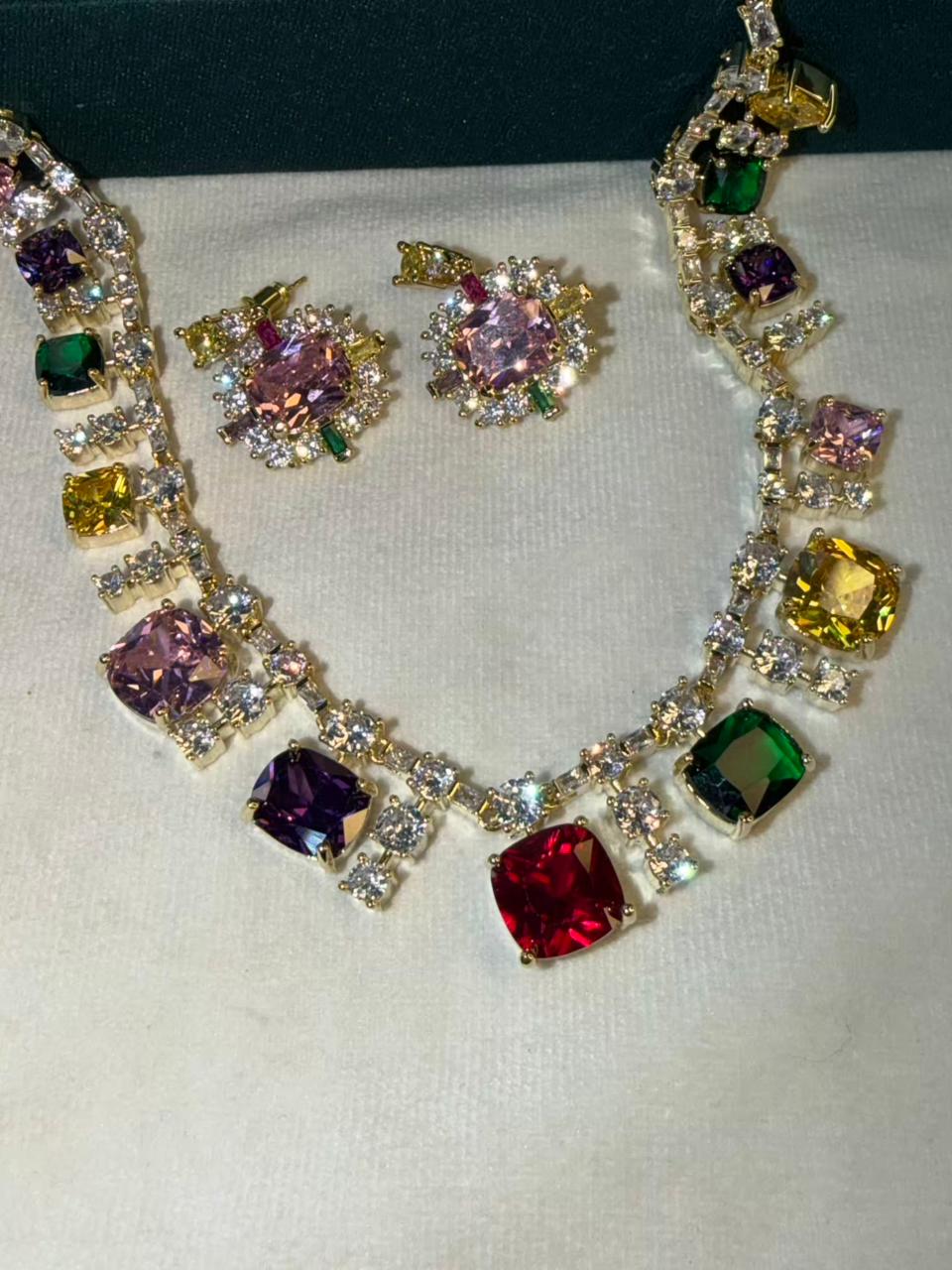 Multicoloured Stone Rhodium Plated Necklace Set with Earrings