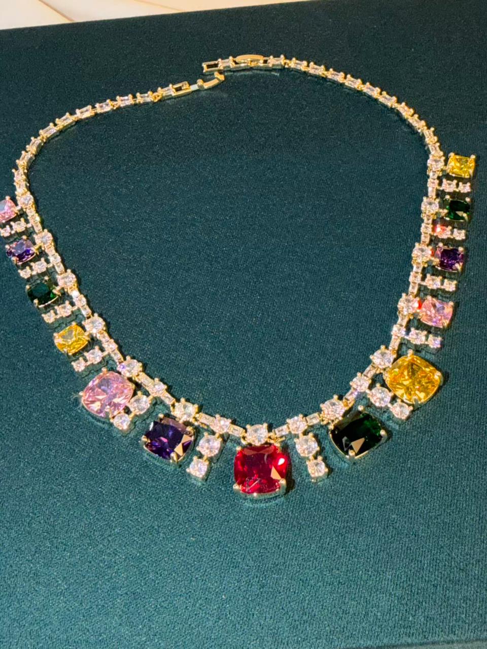 Multicoloured Stone Rhodium Plated Necklace Set with Earrings