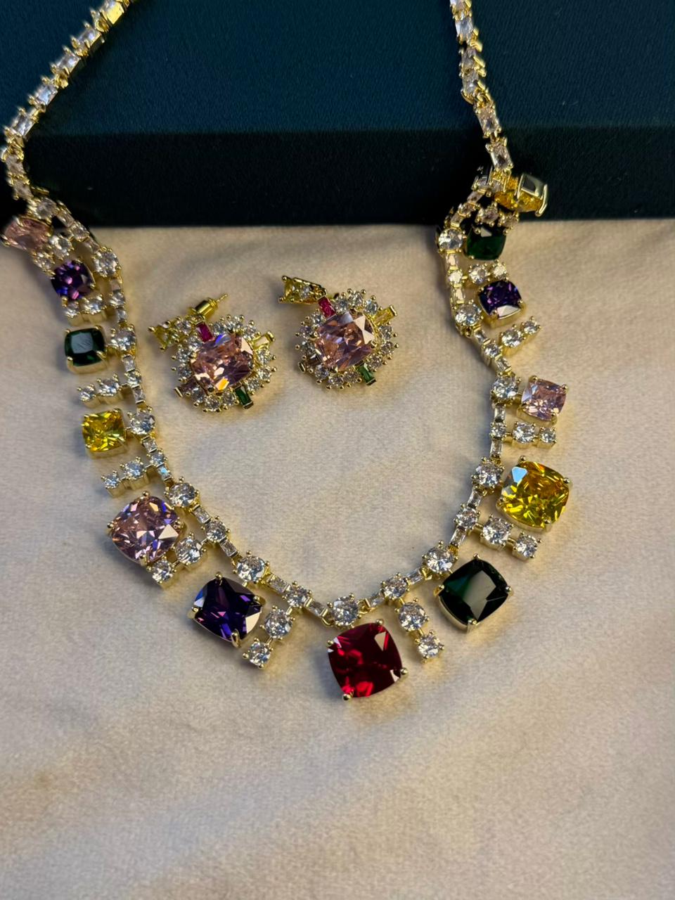 Multicoloured Stone Rhodium Plated Necklace Set with Earrings