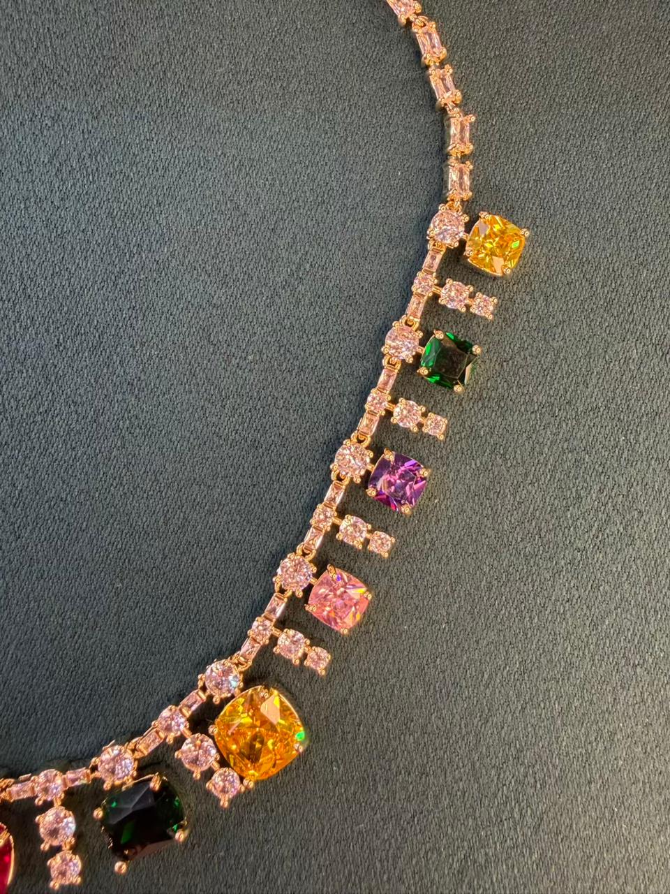 Multicoloured Stone Rhodium Plated Necklace Set with Earrings