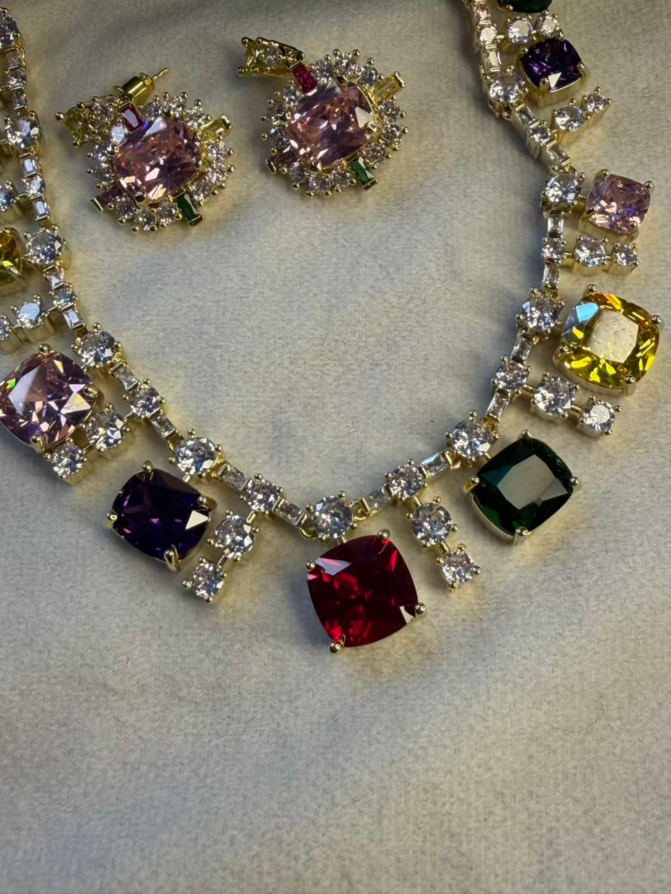 Multicoloured Stone Rhodium Plated Necklace Set with Earrings