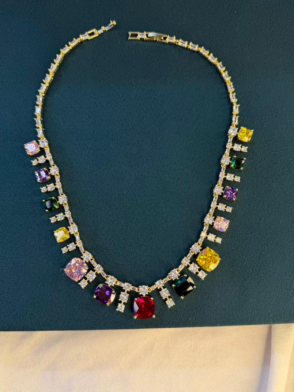 Multicoloured Stone Rhodium Plated Necklace Set with Earrings