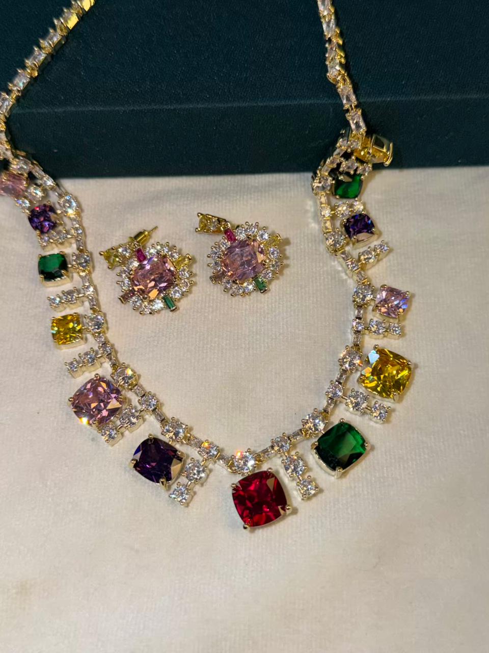 Multicoloured Stone Rhodium Plated Necklace Set with Earrings