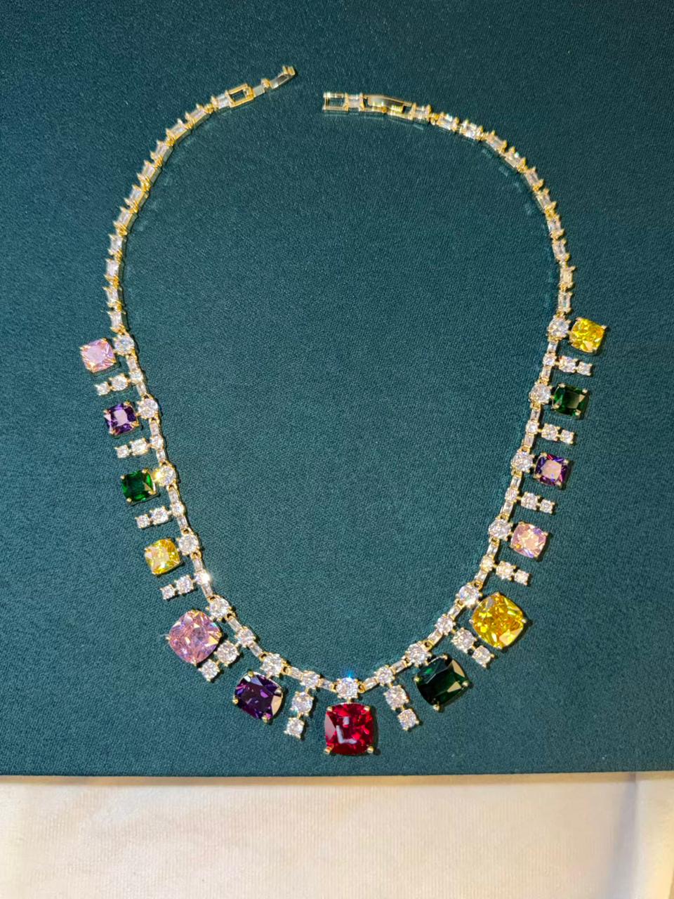 Multicoloured Stone Rhodium Plated Necklace Set with Earrings