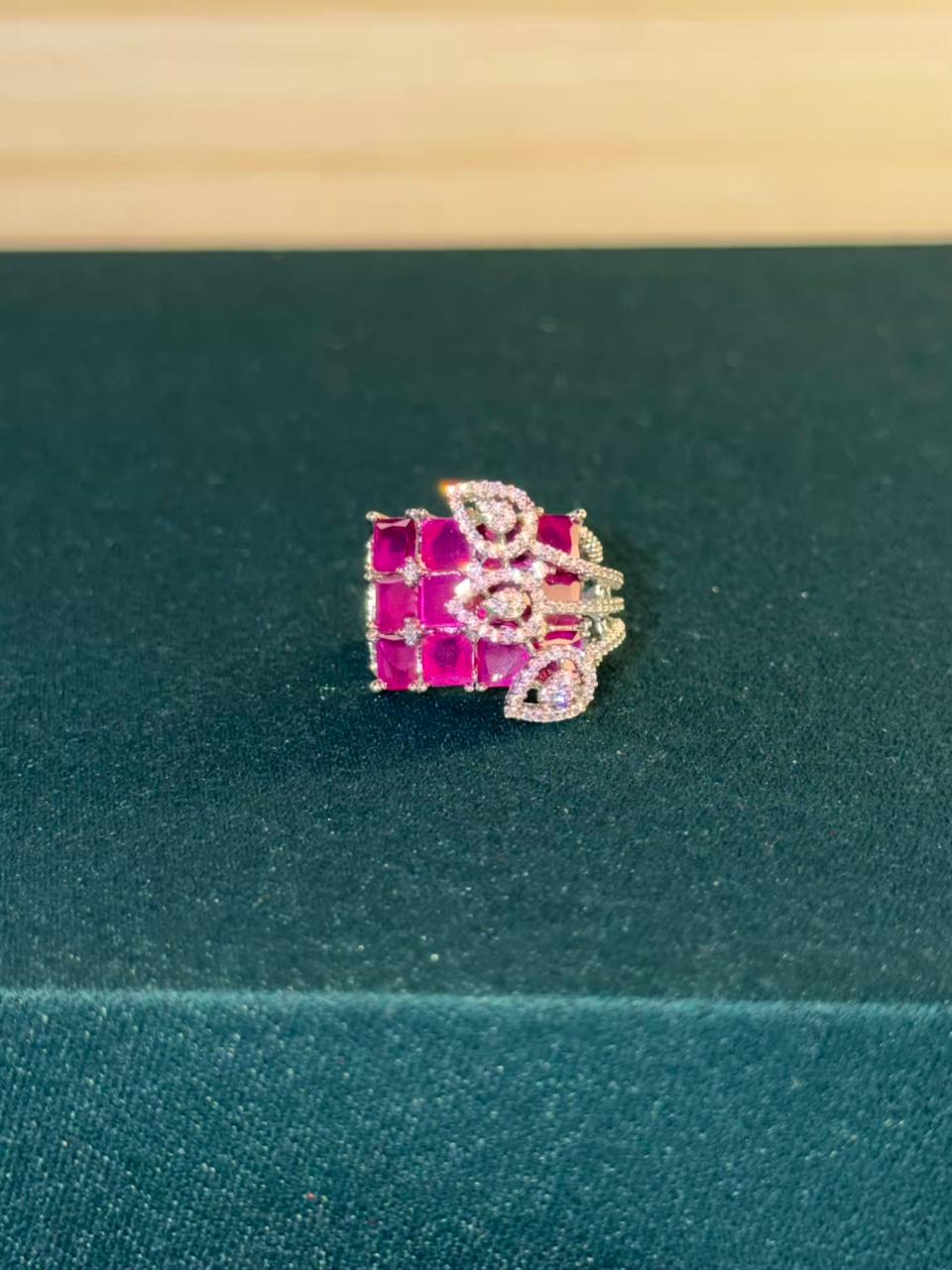 Pink Stone Statement Design Silver Plated Ring Size Adjustable