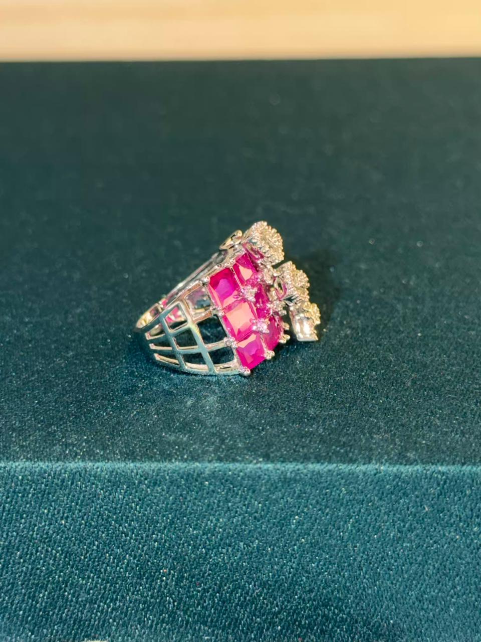 Pink Stone Statement Design Silver Plated Ring Size Adjustable