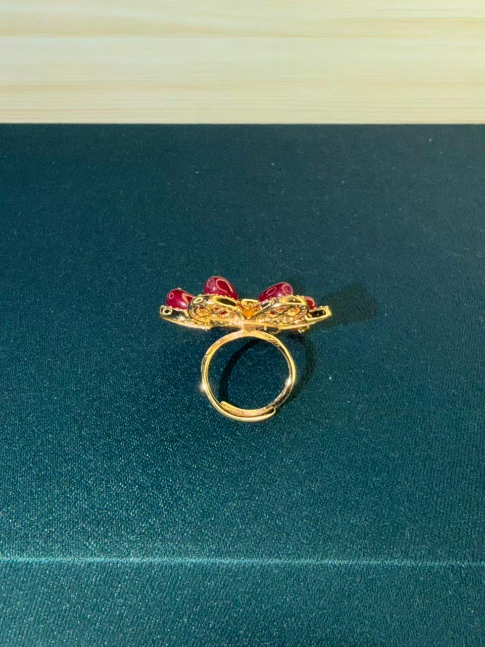 Red and White Stone Pearl Hanging Gold Plated Ring Size Adjustable