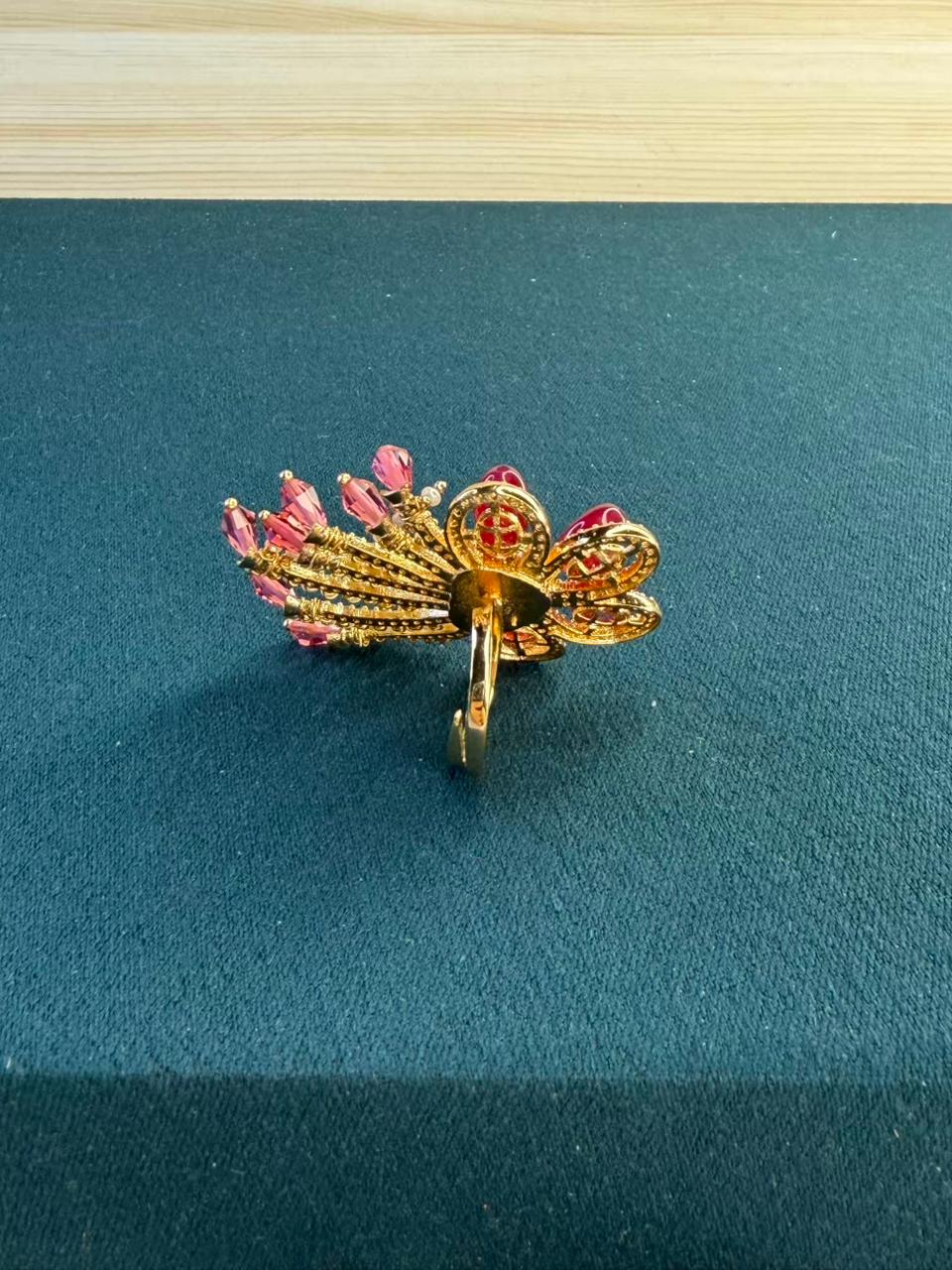 Red and White Stone Pearl Hanging Gold Plated Ring Size Adjustable